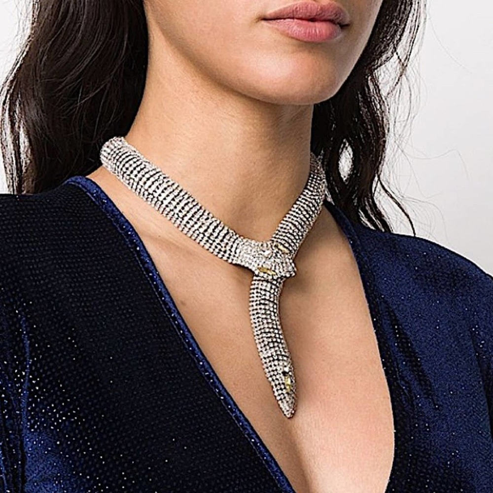 NEW CRYSTAL SNAKE SERPENT WHITE GOLD VINTAGE CHOKER NECKLACE - Picture 2 of 12